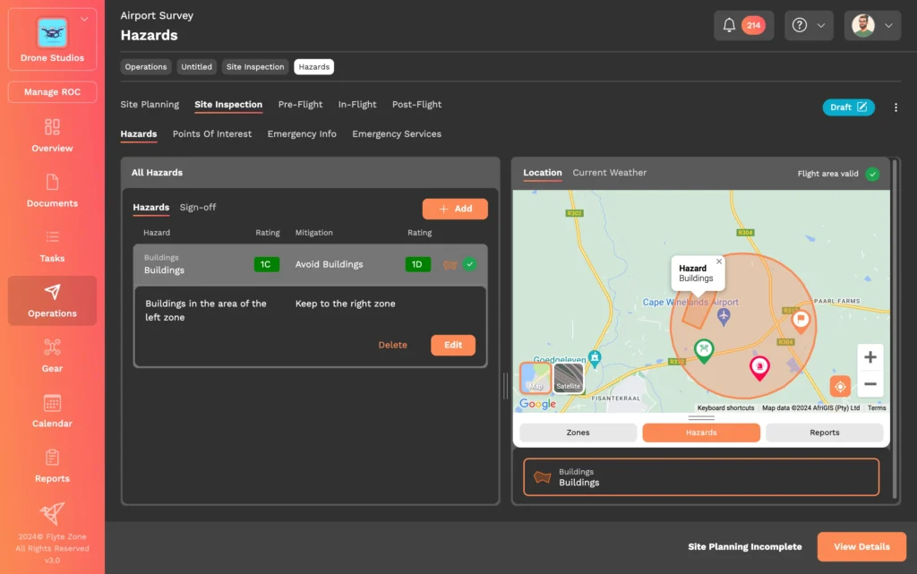 A screenshot of the Flyte Zone airport survey hazards screen