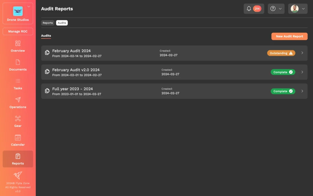 A screenshot of the Flyte Zone audit reports screen