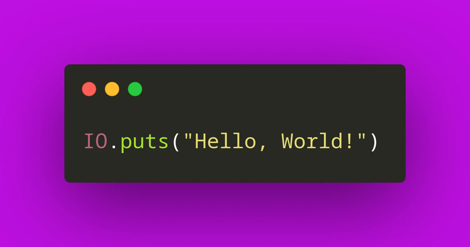 A screenshot of a minimal code editor with a single line of Elixir code. The code prints "Hello, world!" to the standard output.